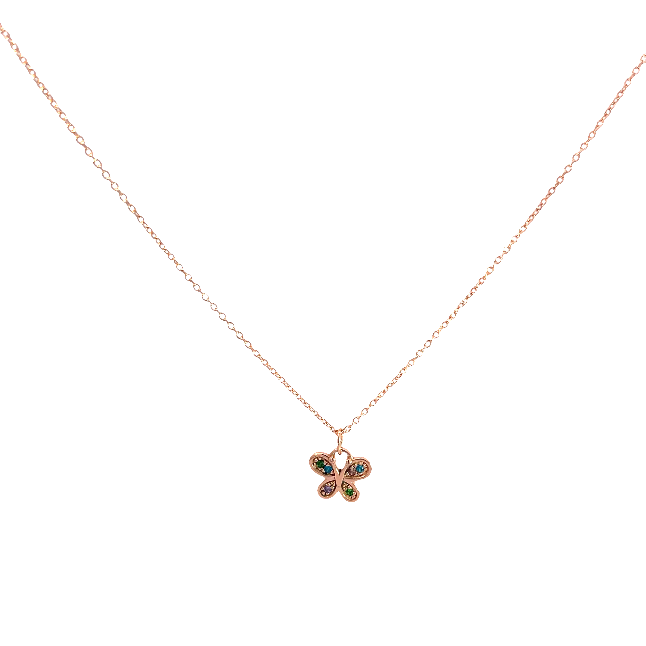 925 Silver Rose Gold-Plated Butterfly Pendant Necklace with Colored Stones